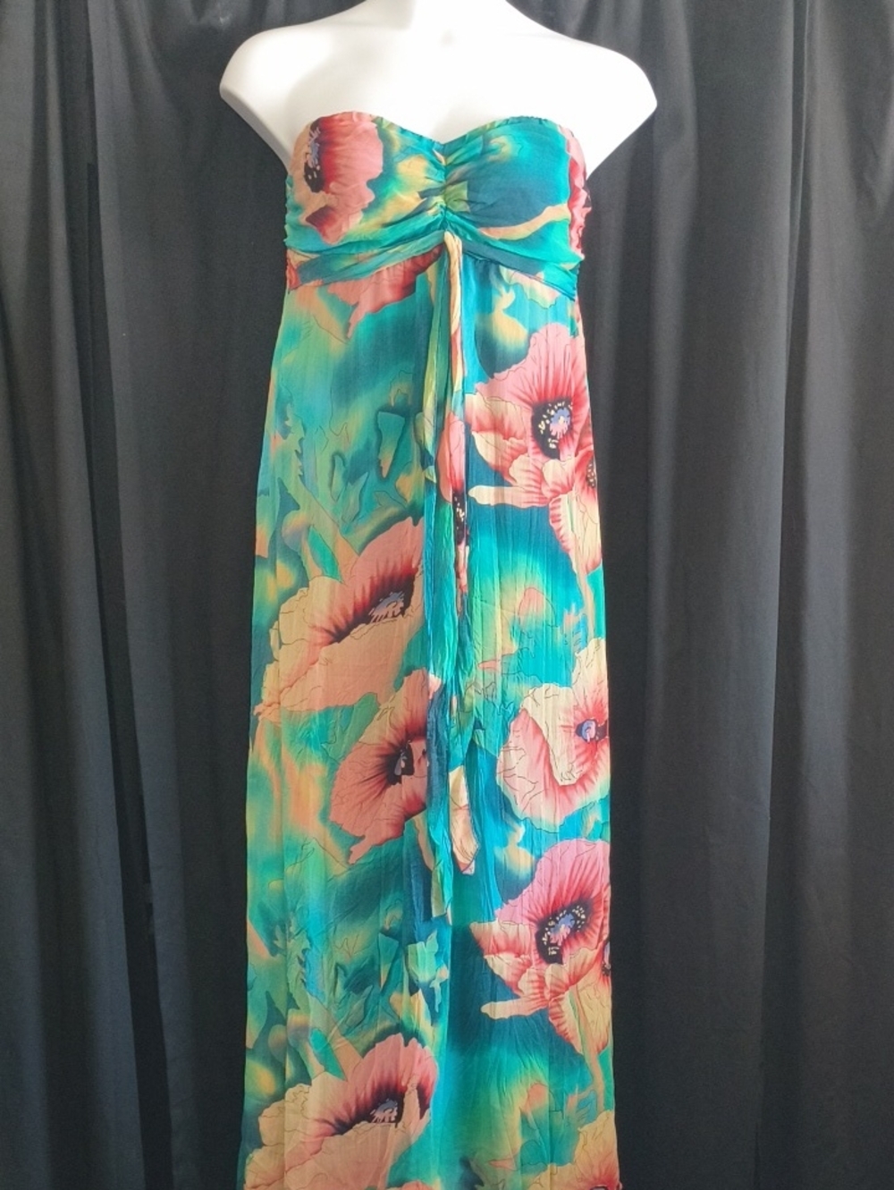 Strapless Floral Maxi Dress in Teal, Dusty Rose & Coral #0043